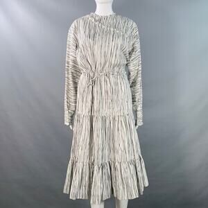 ROCHAS Size 2 Black White Cotton Stripe Button Trim A-Line Dress
